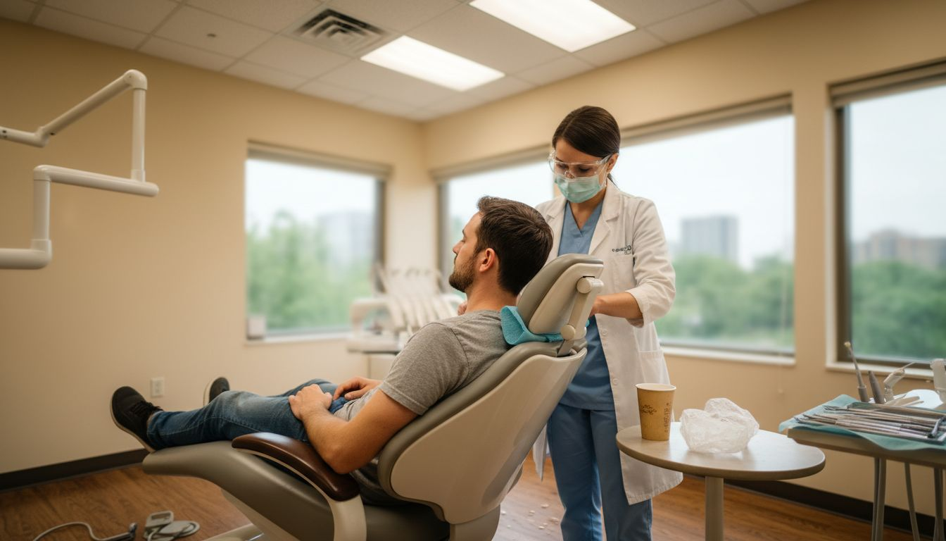 Dentist adjusts ergonomic chair for comfort