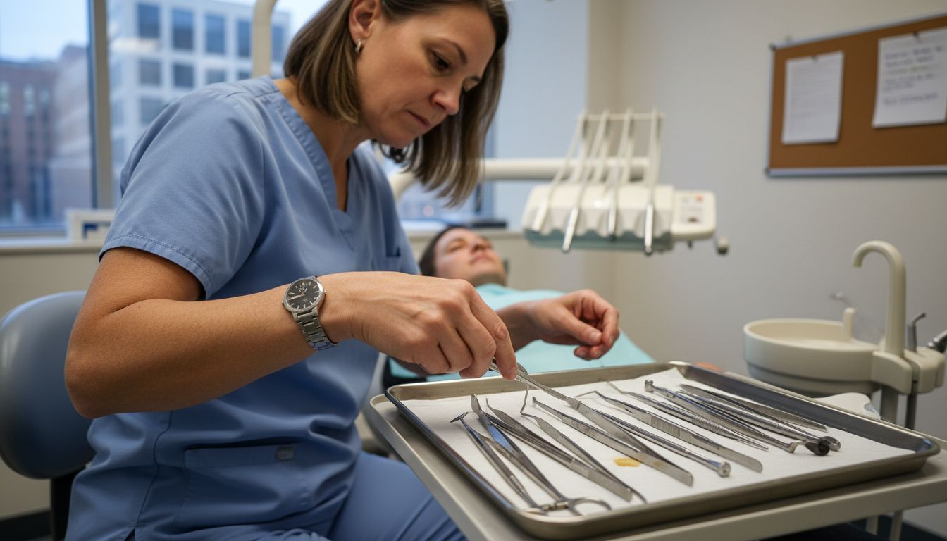 Dental assistant prepping oral surgery instruments