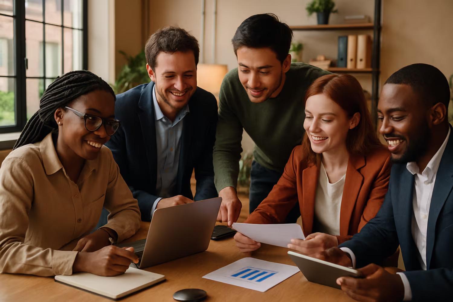 Diverse team discussing asset management software