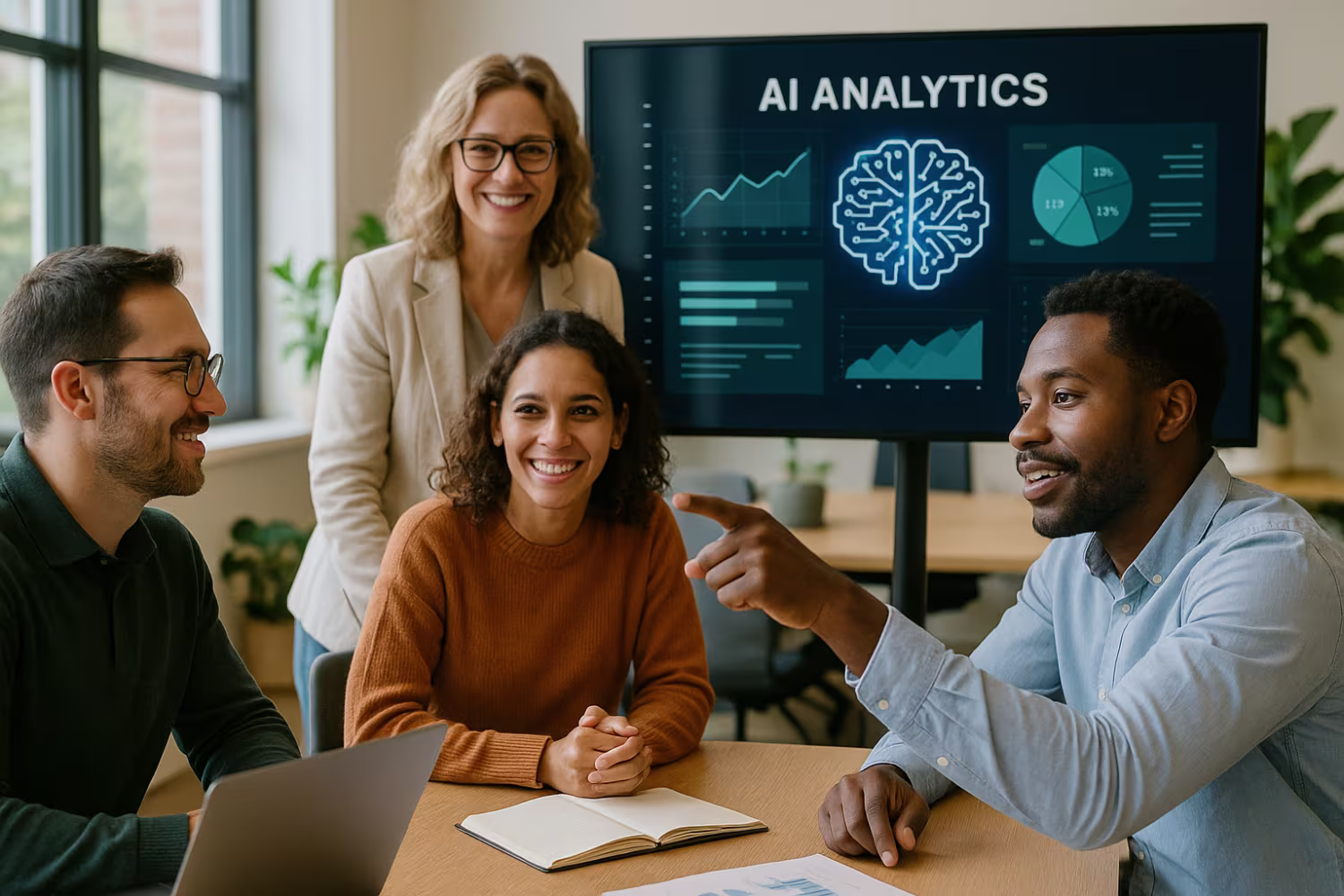 Man pointing at AI analytics dashboard
