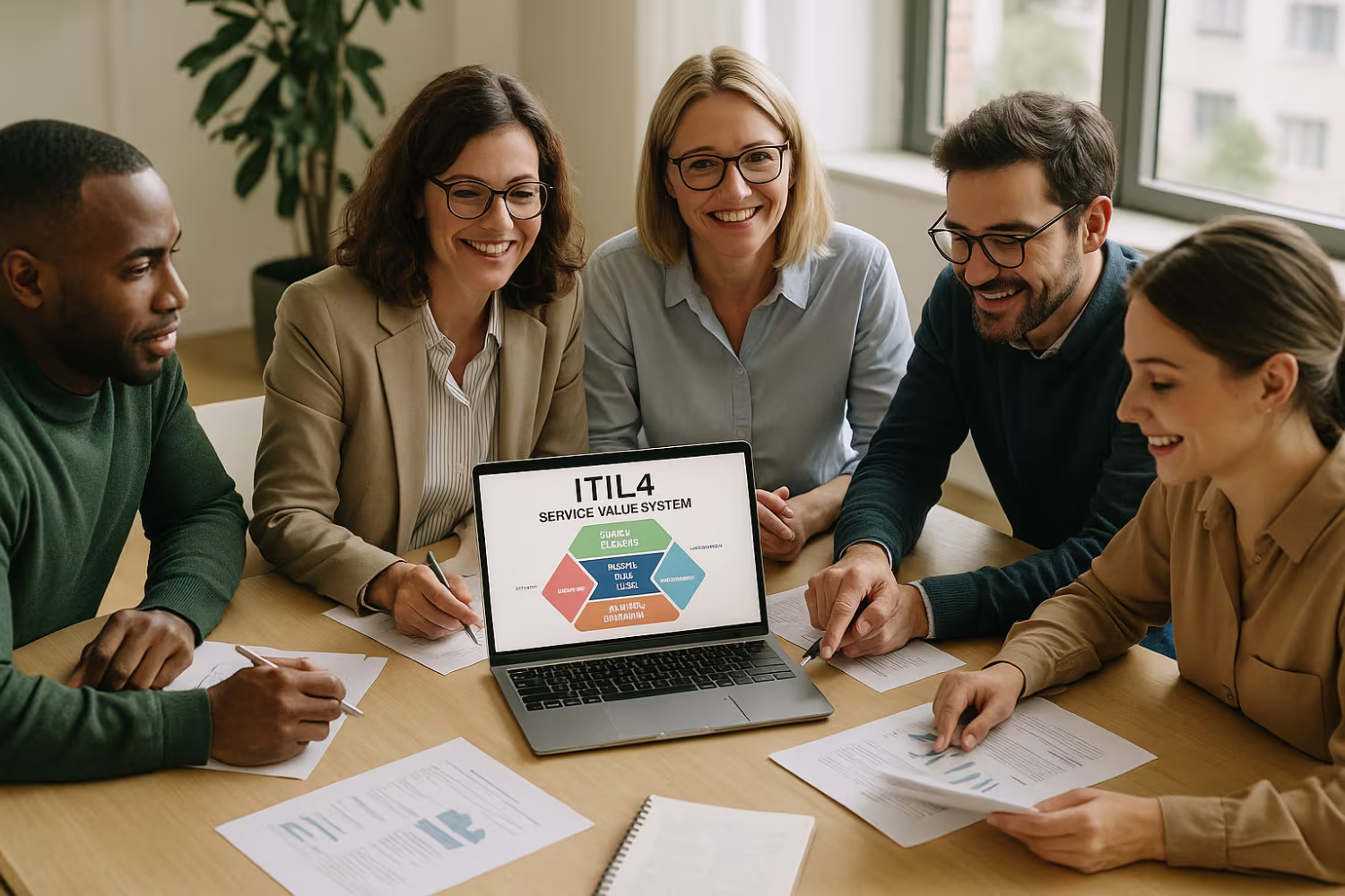 Professionals discussing ITIL framework implementation
