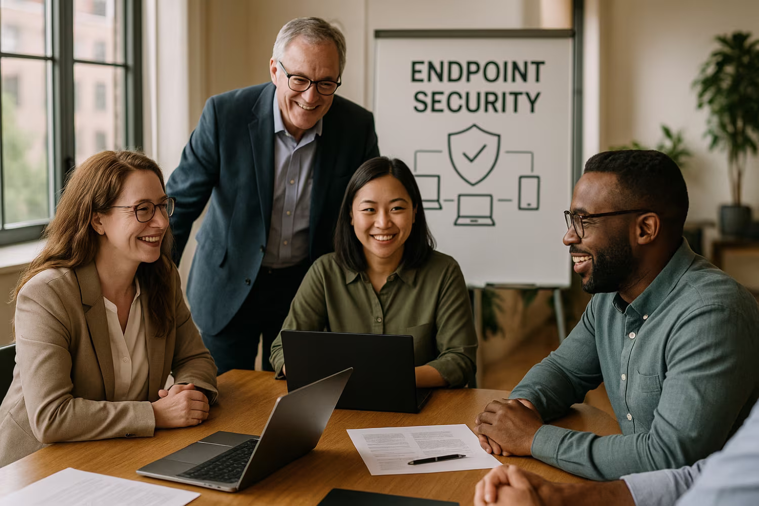 Diverse team discussing endpoint security management