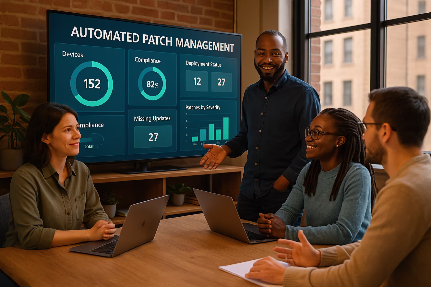 Diverse team discussing automated patch management