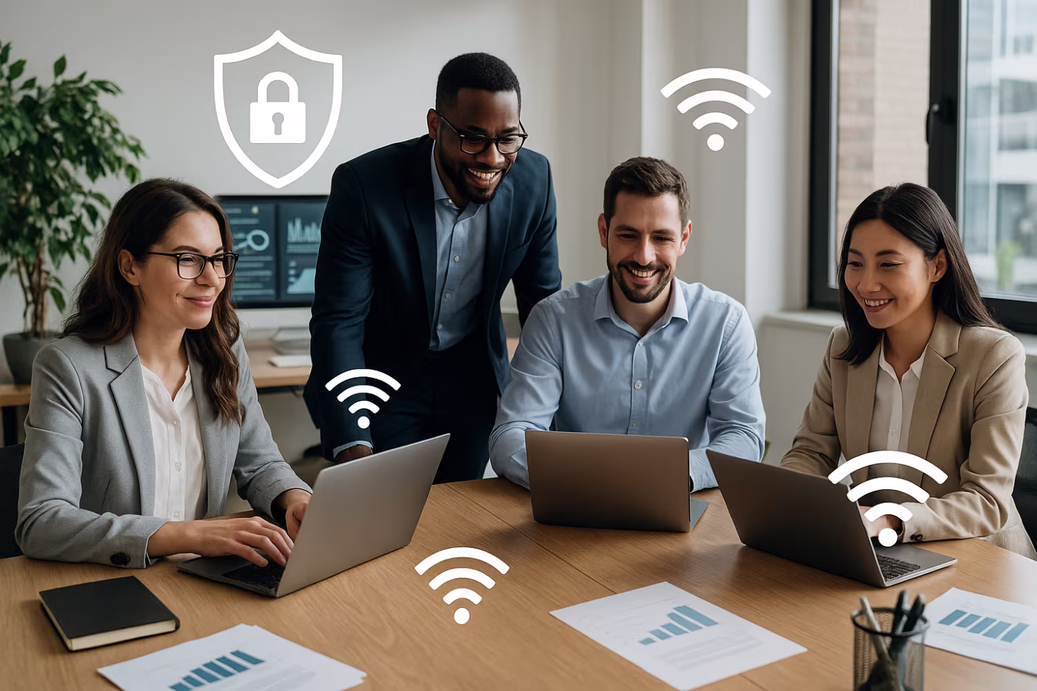 Team collaborating on laptops, symbolizing enterprise WiFi management