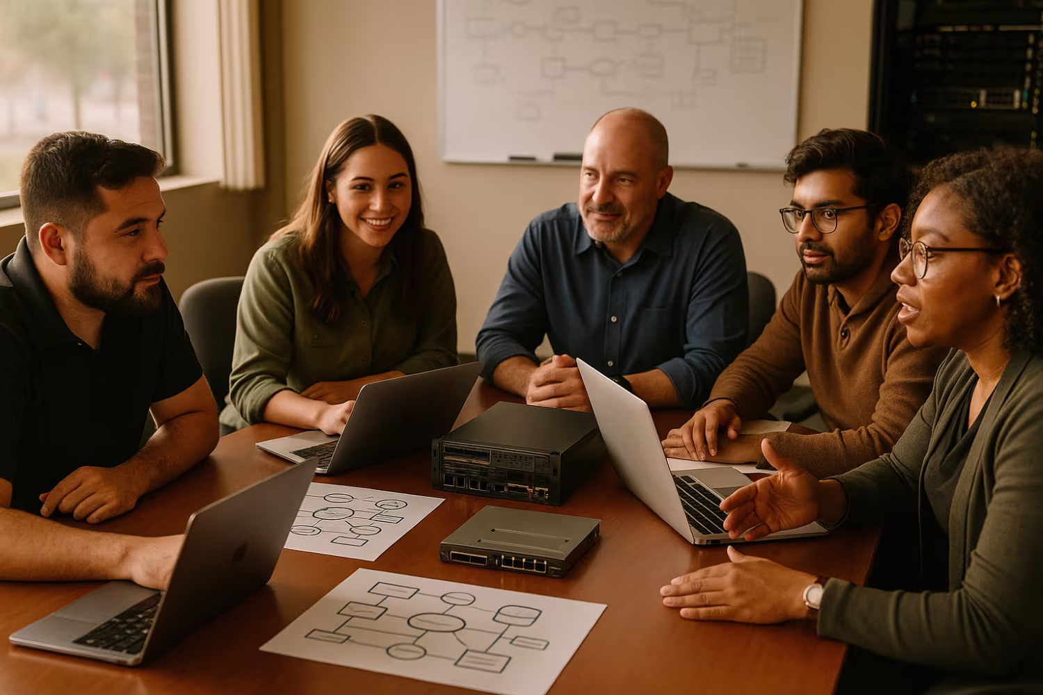 Diverse IT team discussing server monitoring solutions