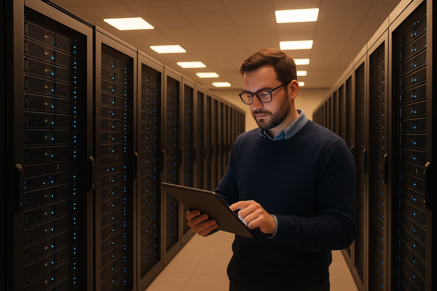 IT professional using tablet for Windows server management