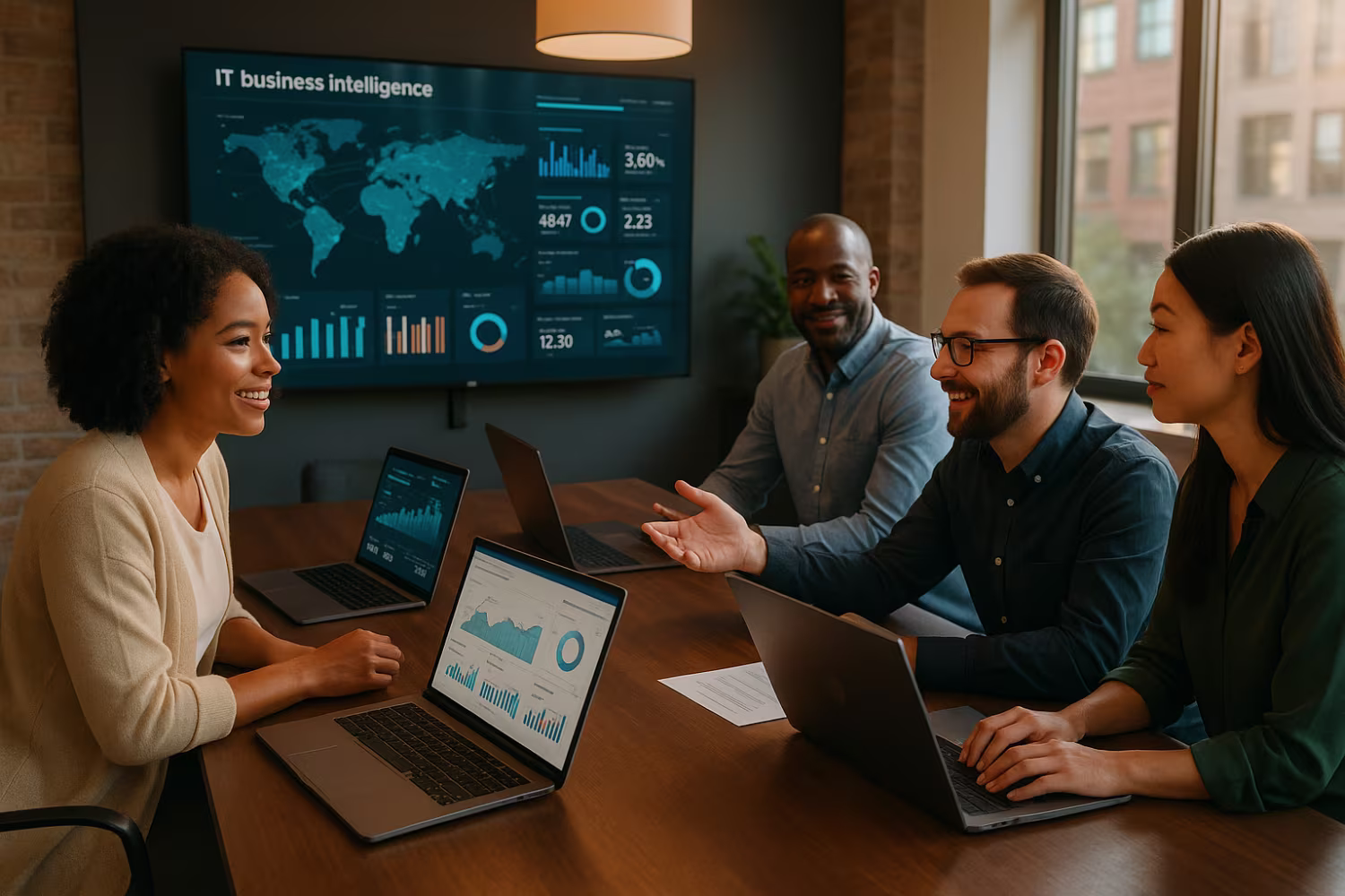 Diverse team discussing IT business intelligence