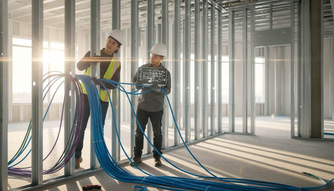 network cabling and infrastructure for new construction in SoCal, structured cabling new construction, California Title 24 compliance, Cat6A installation Southern California, commercial fiber optic installation, new building data cabling