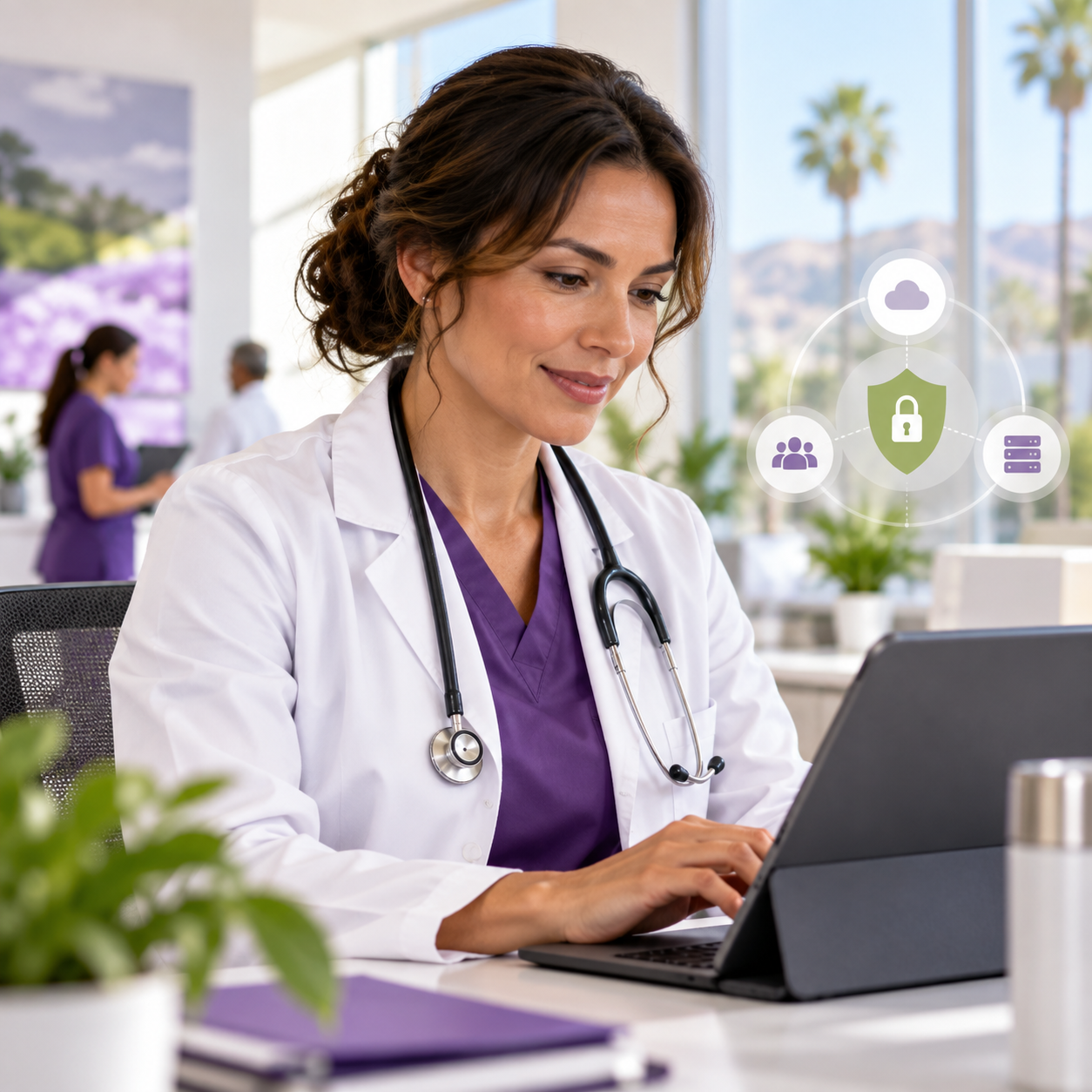 Healthcare professionals using secure technology systems in a medical environment