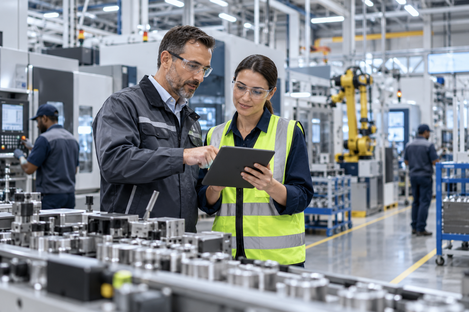 Manufacturing professionals reviewing production technology on the plant floor