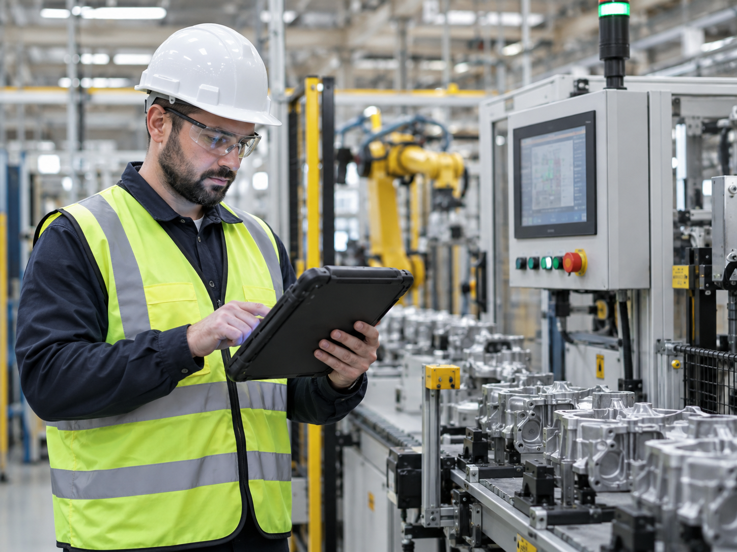 Manufacturing technician monitoring connected production equipment