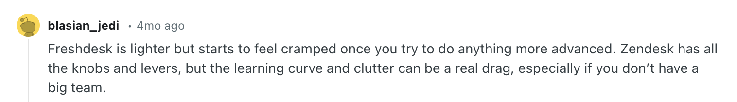 Zendesk vs Freshdesk Reddit screenshoot example 1