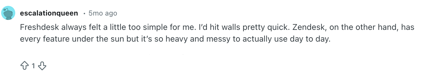 Zendesk vs Freshdesk Reddit screenshoot example 2