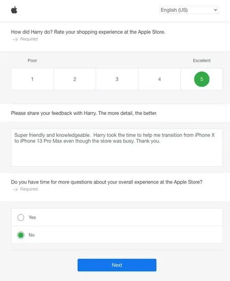 Apple’s Voice of Customer example, survey
