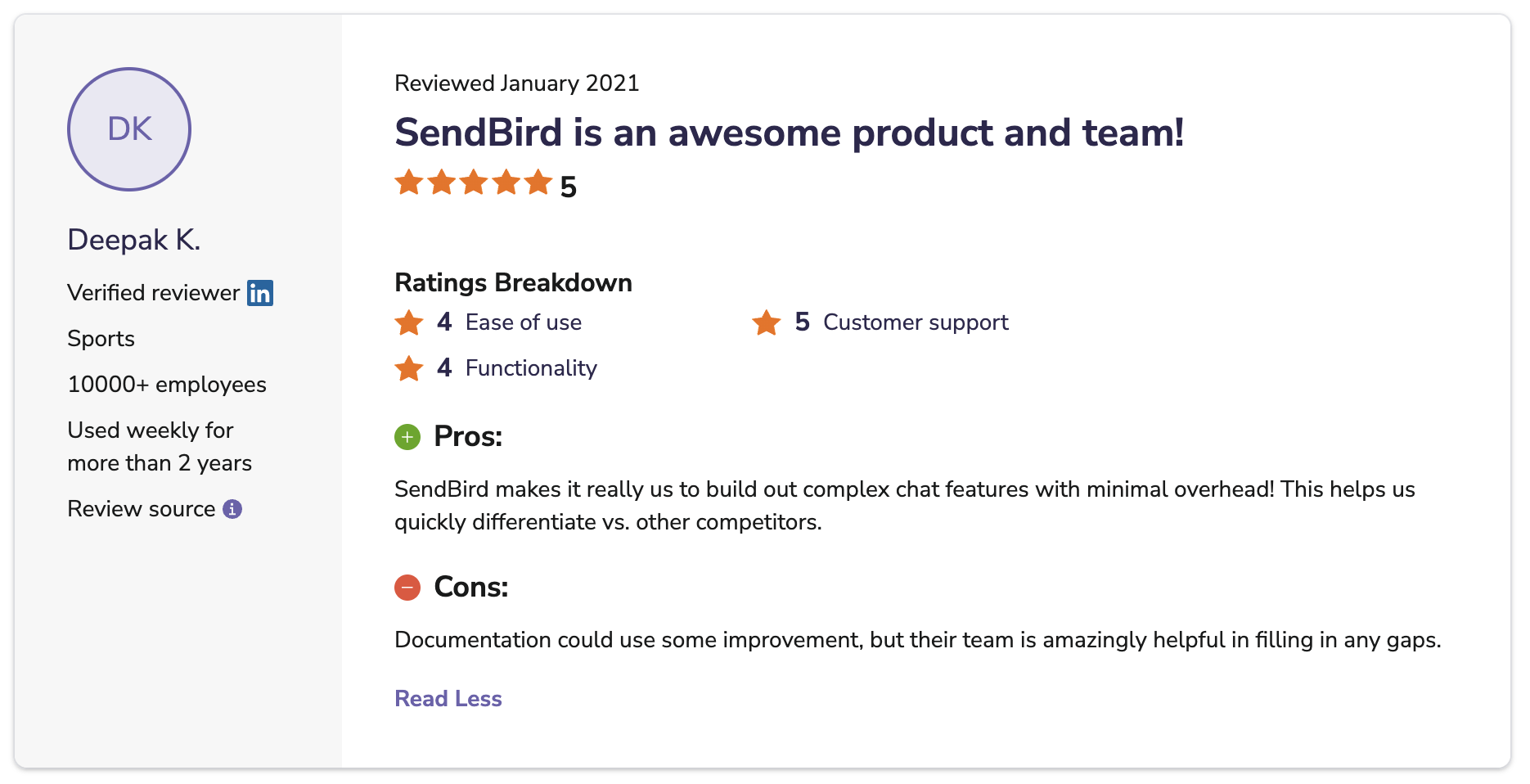 softwareadvice sendbird review snapshot
