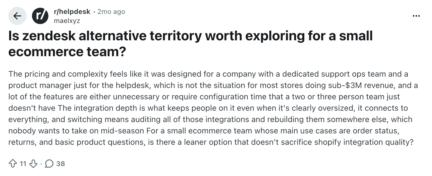 second reddit snapshot Zendesk review (helpdesk thread comment)