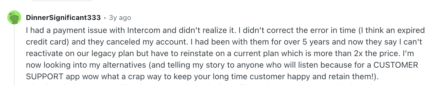 reddit snapshot of Intercom support experience review