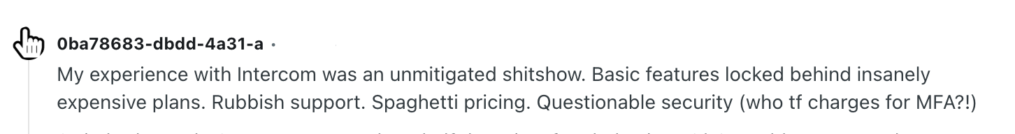 reddit snapshot negative comment about Intercom