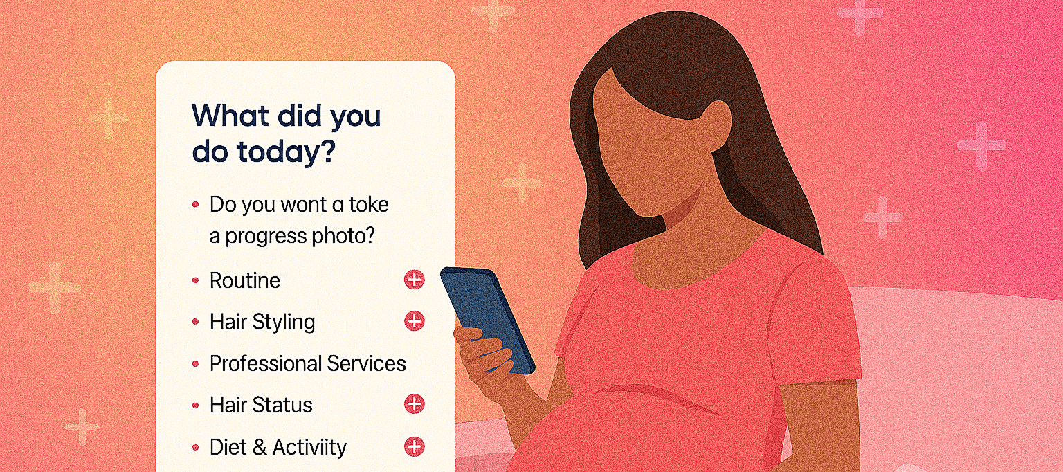 A pregnant woman looking at her iphone which features a screen that shows her daily hair health tracking log from the MMARA: My Hair Coach app. 