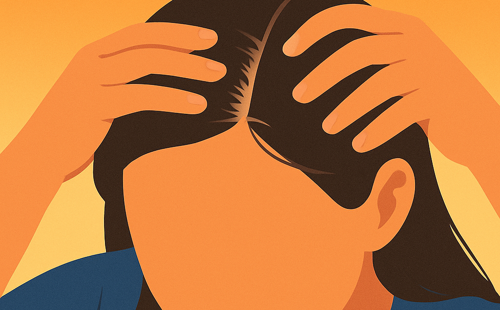 A woman looking closely at her scalp where noticeable hair loss has occurred at her center part. 