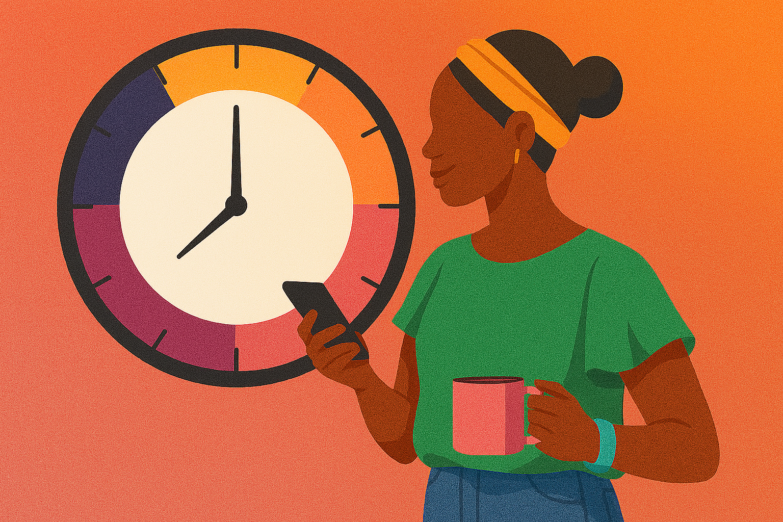 An illustration of a black woman looking at her phone with a large clock behind her meant to symbolize her ability to look at the progress of her hair growth over time in the MMARA: My Hair Coach mobile app. 