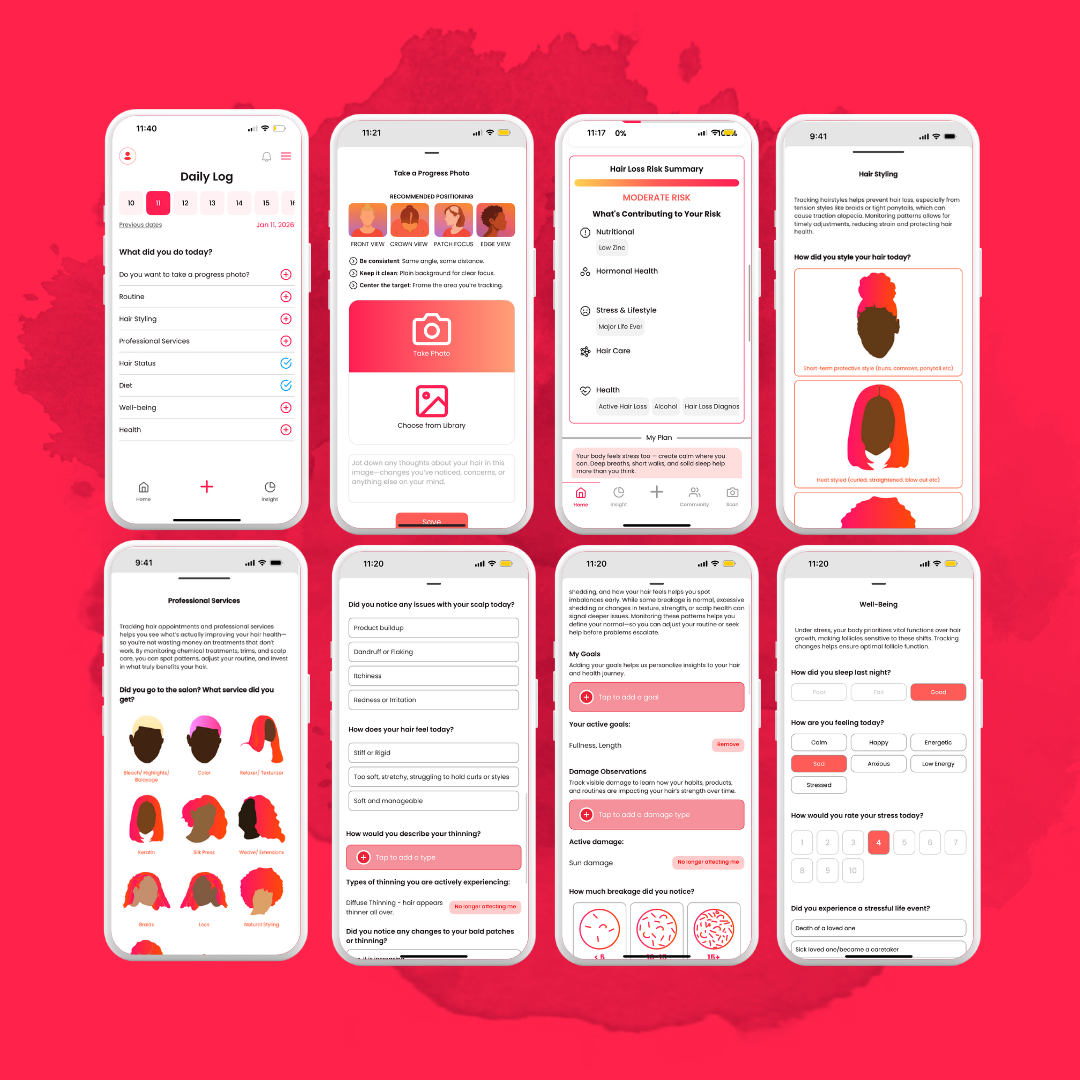 A back woman with her hair in a ponytail examining her center part for hair loss.