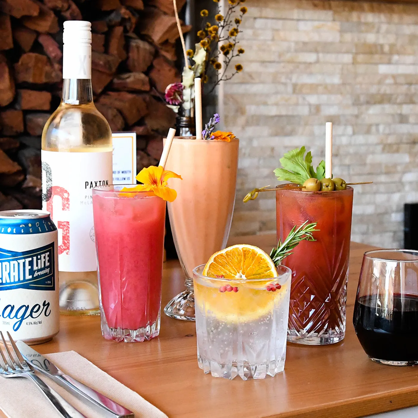 A table showcasing a selection of brunch cocktails.