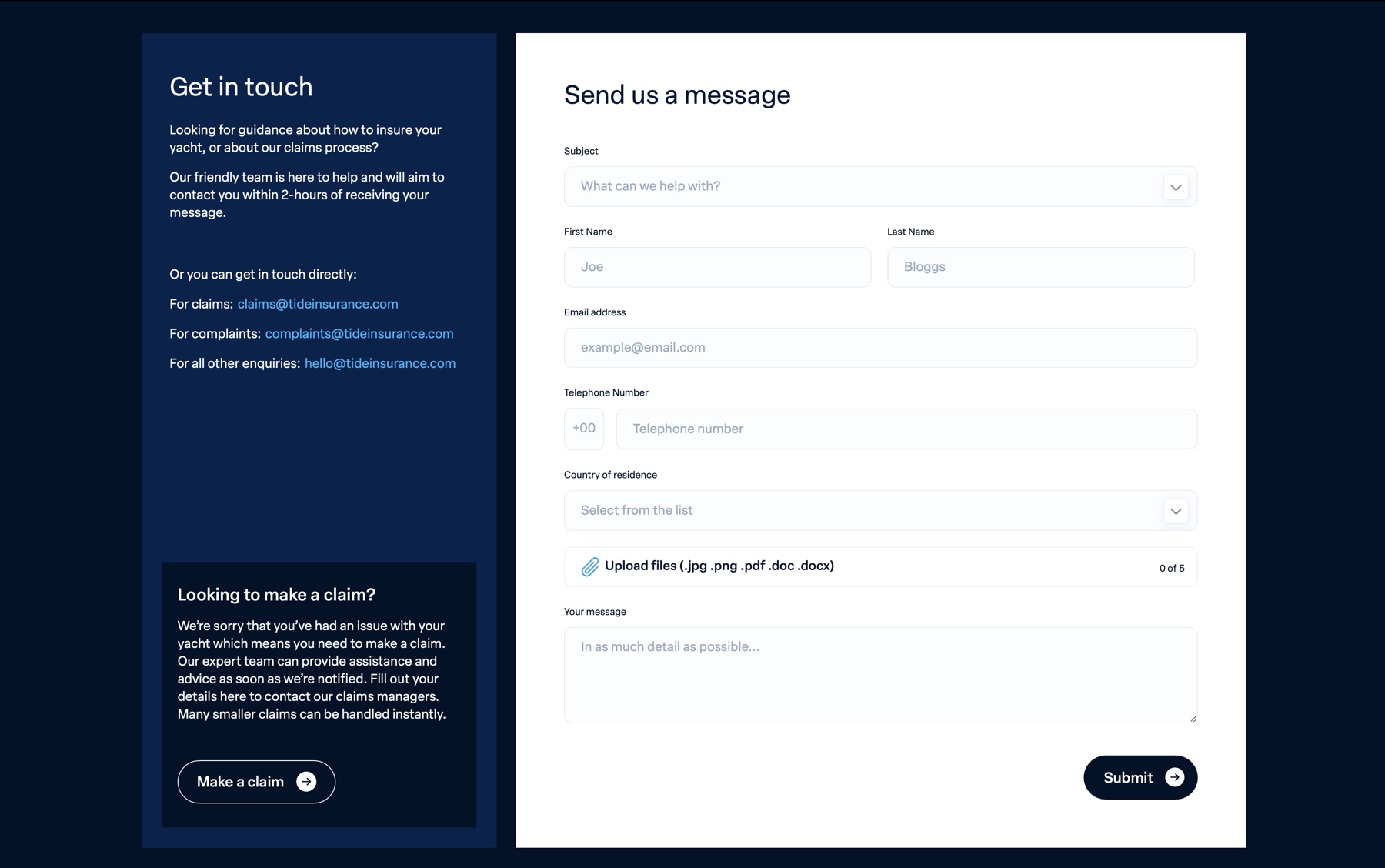 Contact and claim forms