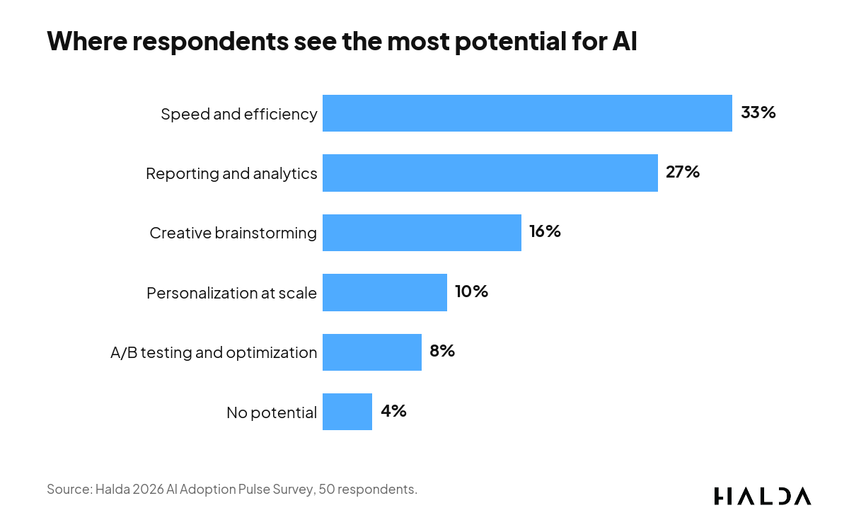 Bar chart of where respondents see AI potential, led by speed and efficiency at 33%.
