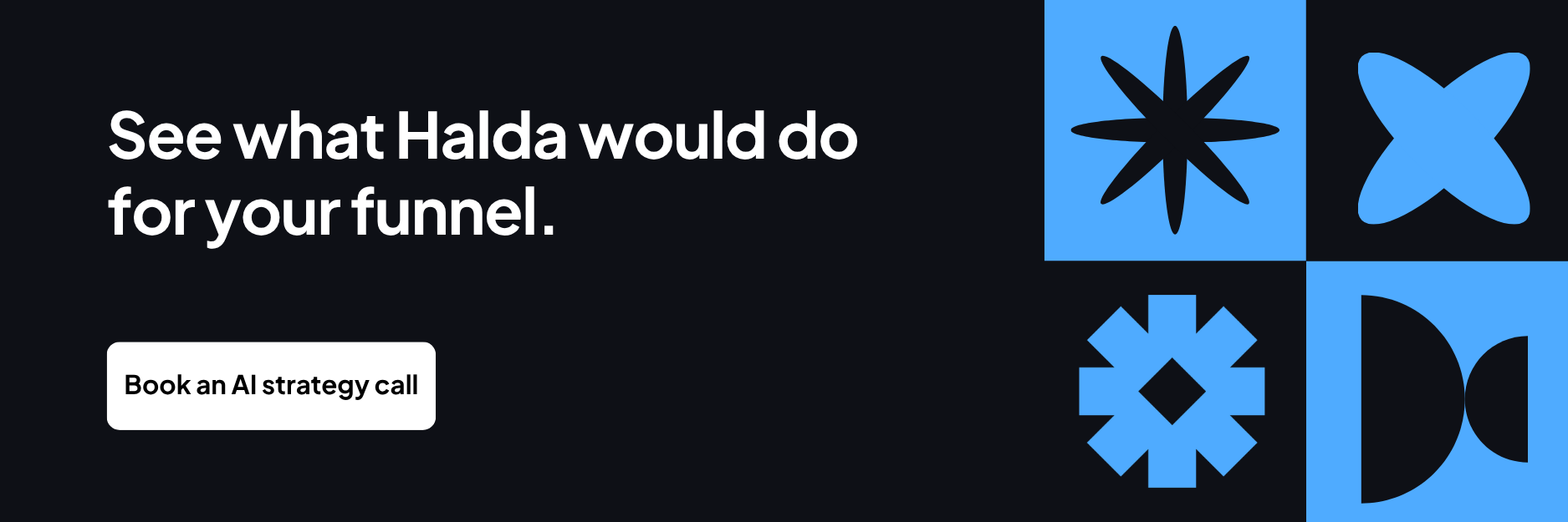 Halda CTA banner: 'See what Halda would do for your funnel' with a 'Book an AI strategy call' button, set against a black background with blue geometric icons.