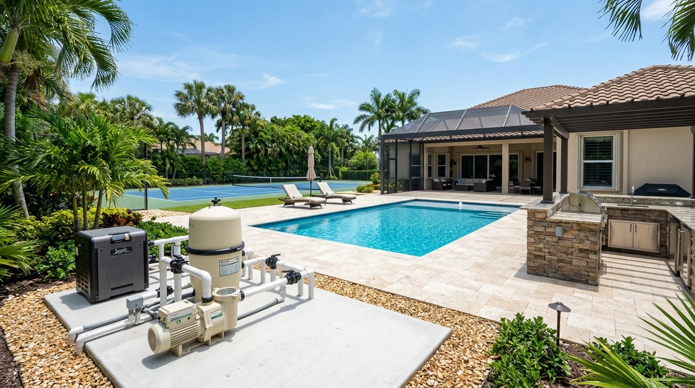 A wide-angle photo of a clean, well-maintained pool equipment pad with a new variable speed pump, filter, and heater beside a sparkling blue