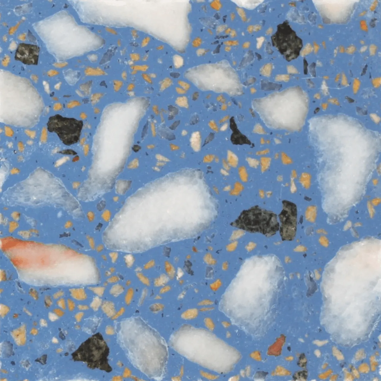 amostra de terrazzo veneziano com base epóxi na cor azul e inertes mármore branco e preto / venetian terrazzo sample in epoxy base with blue color and marble stones.
