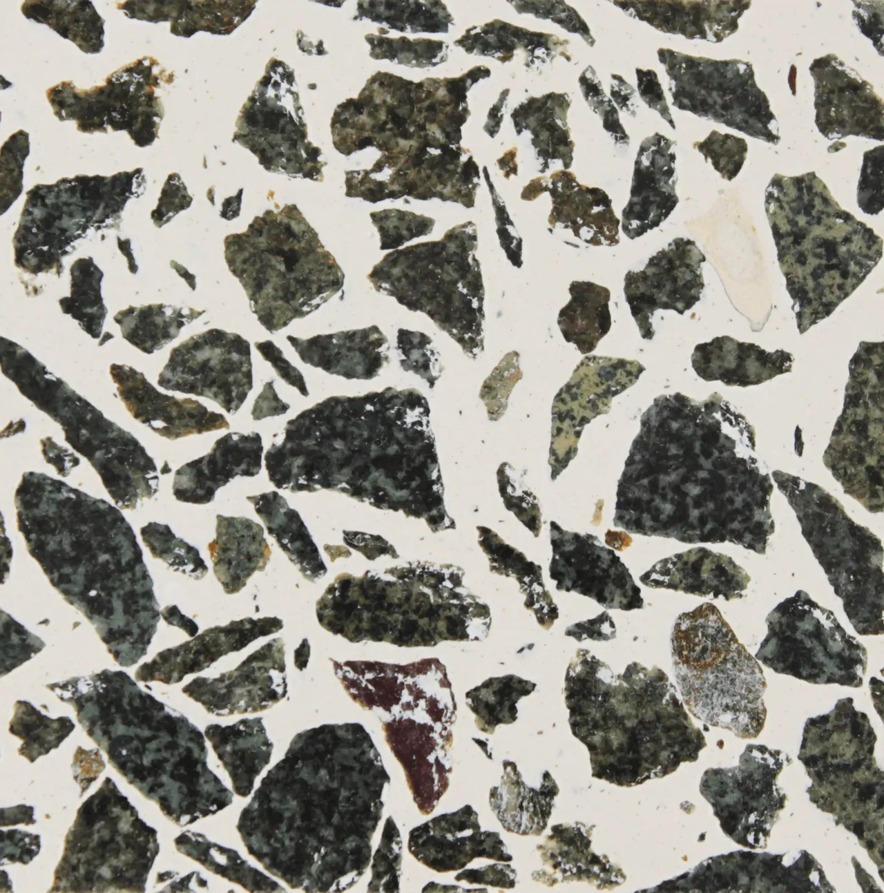 terrazzo com acabamento amaciado e pedra verde com vários tamanhos / honed finish terrazzo with green stone in different sizes.