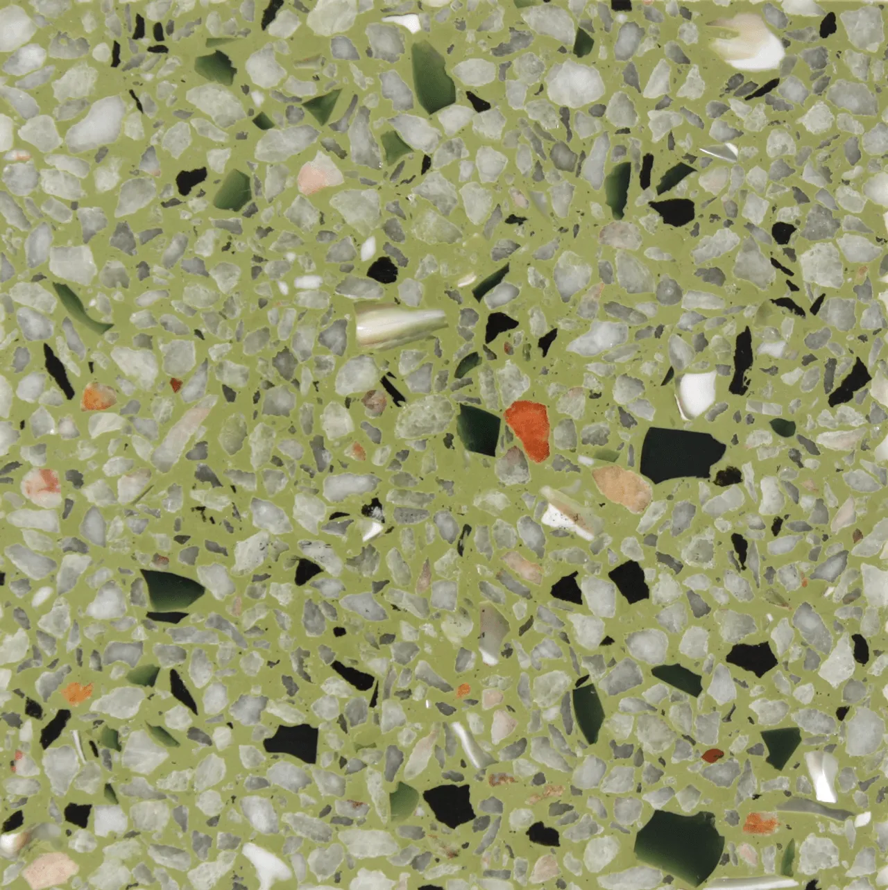 terrazzo epoxi verde claro, com inertes em pedra mármore, porcelana e conchas / light green epoxy terrazzo sample, with marble and porcelain chips.
