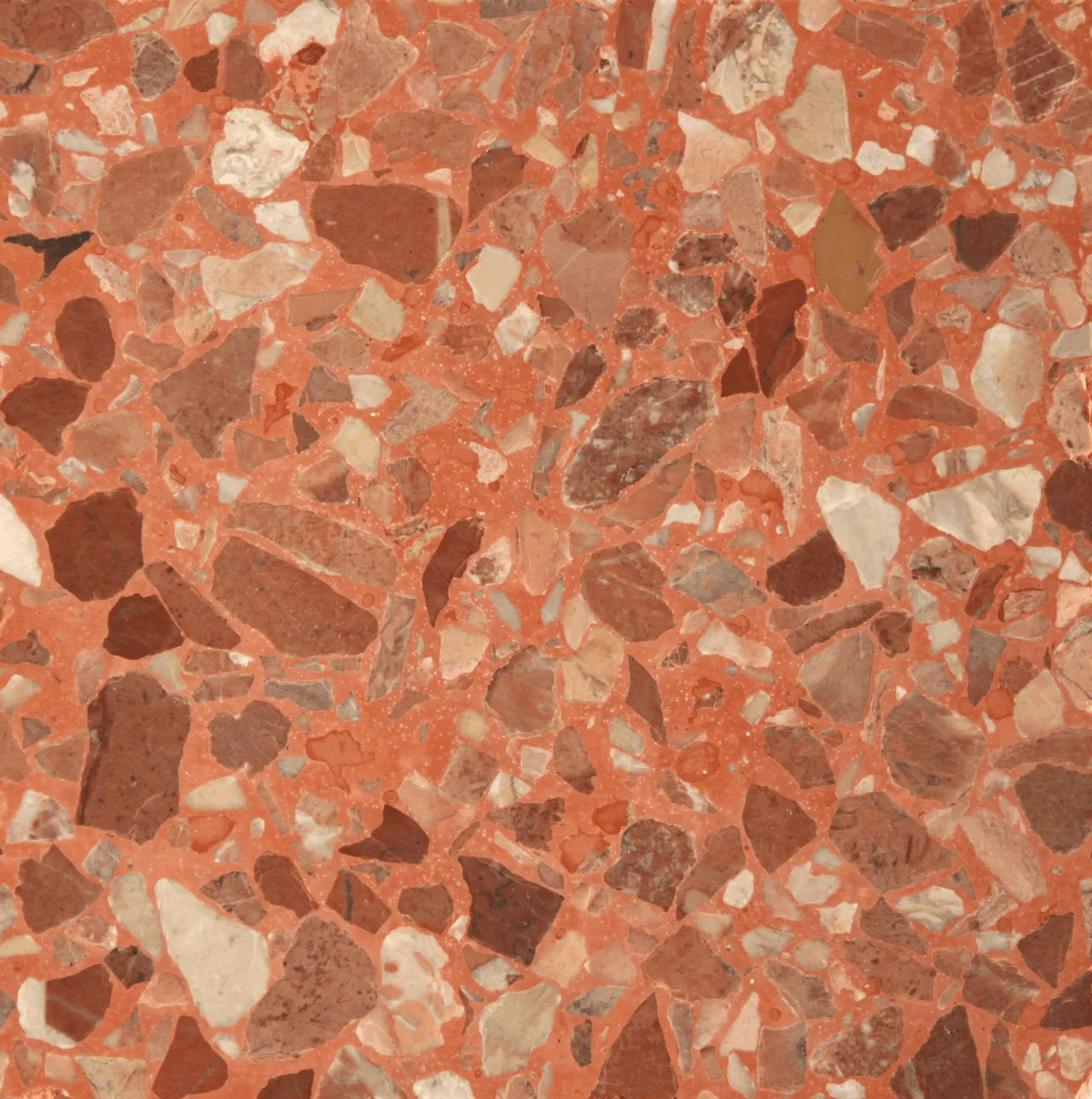 amostra em terrazzo veneziano, nas cores cor-de-rosa e vermelho, com pedra italiana especial / venetian terrazzo, in pink and red stones, with red alpine italian stone.
