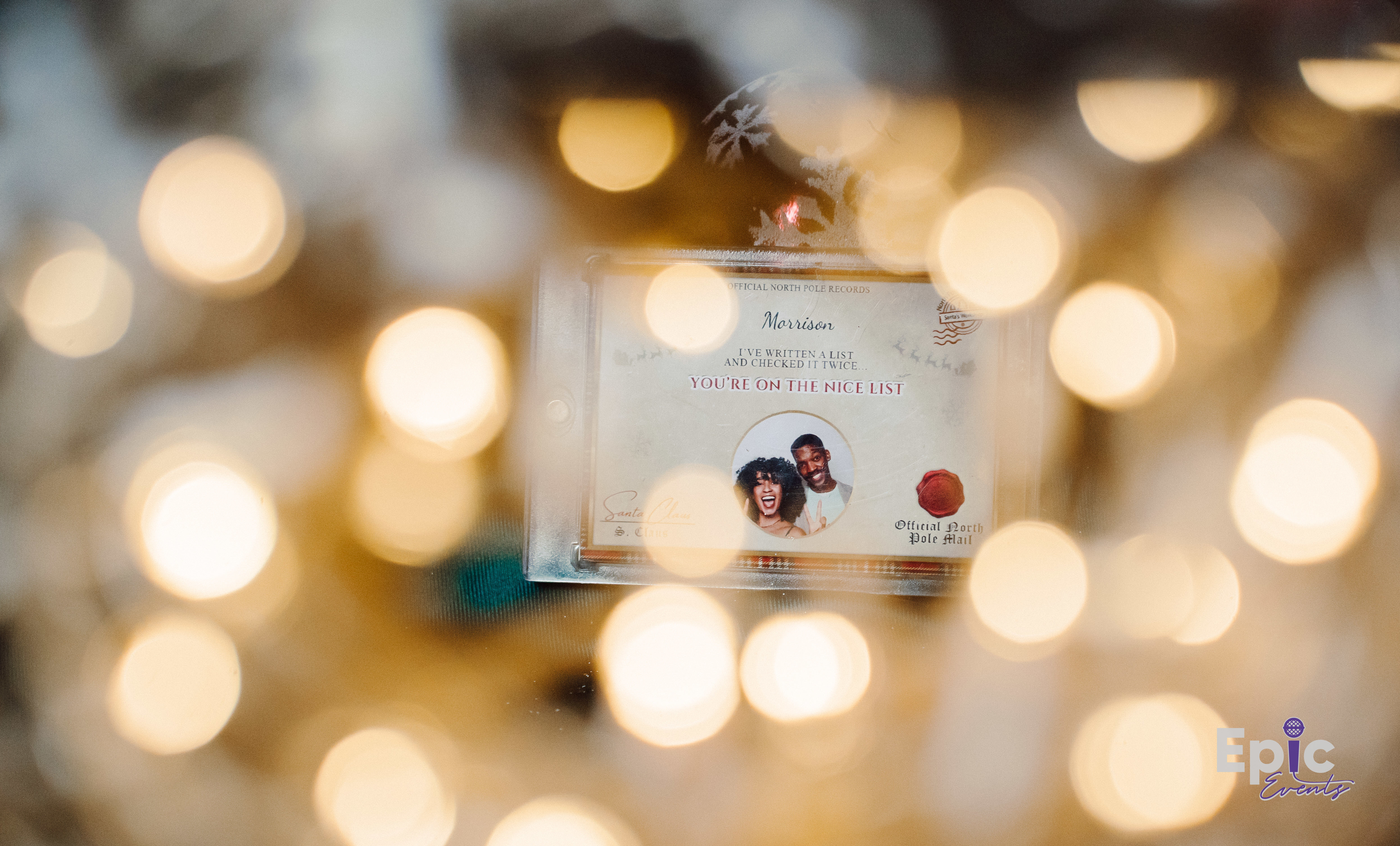 Personalized 'You're on the Nice List' holiday trading
card keepsake from Epic Events' photo booth in the
DMV (DC, MD, VA).