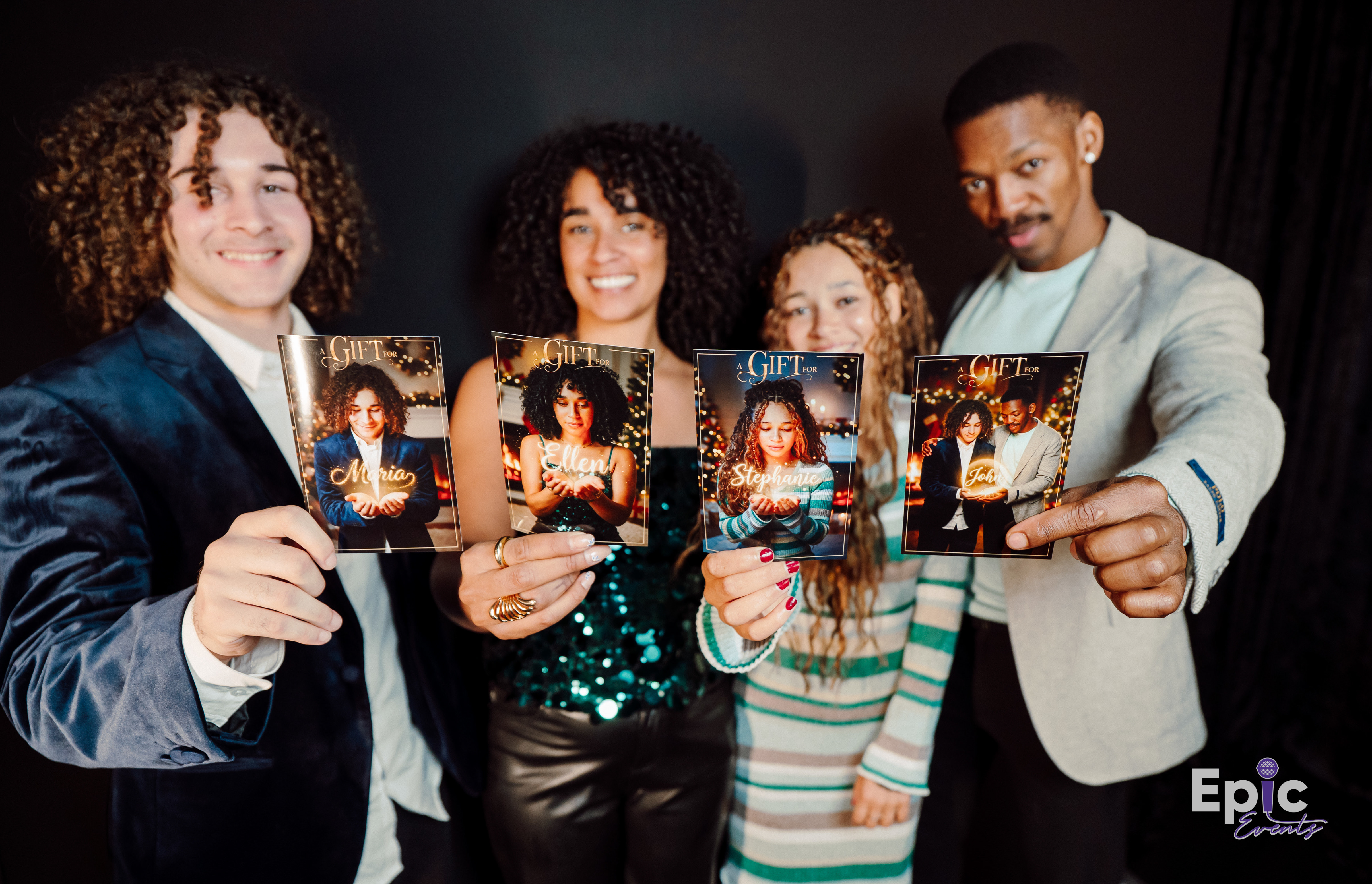 Guests at a corporate holiday party holding
personalized photo trading cards from Epic Events'
booth in the DMV