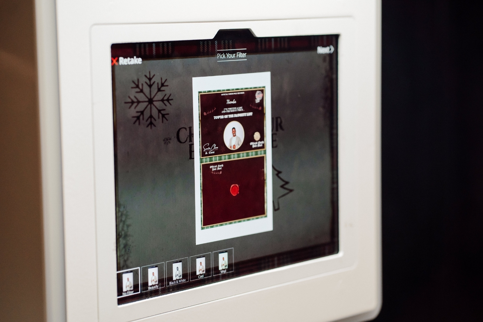 Naughty & Nice card shown on Epic Events' photo
booth touchscreen at a corporate holiday party in
DC, MD & VA.