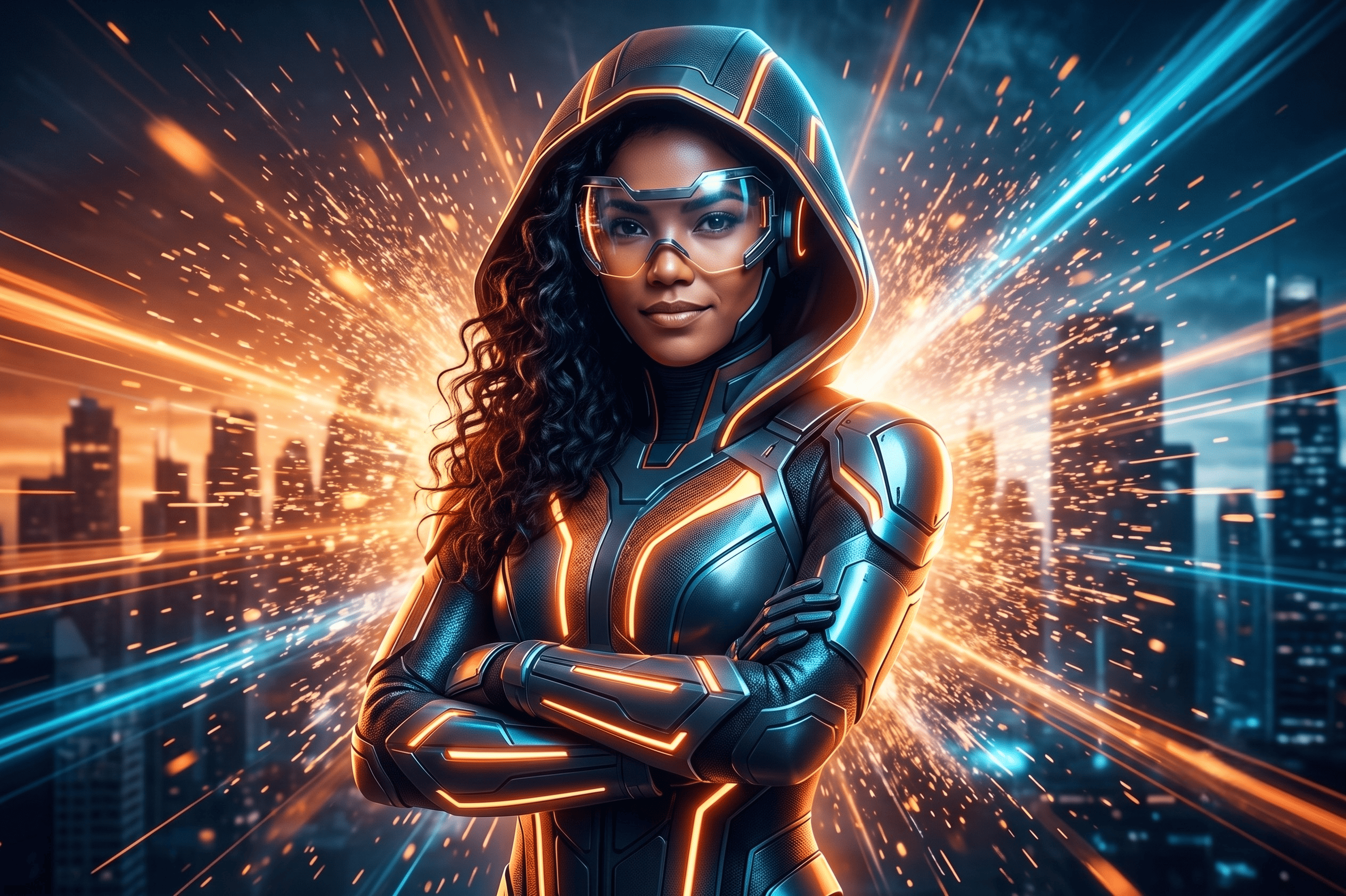 AI photo booth transformation turning a guest into a superhero portrait.