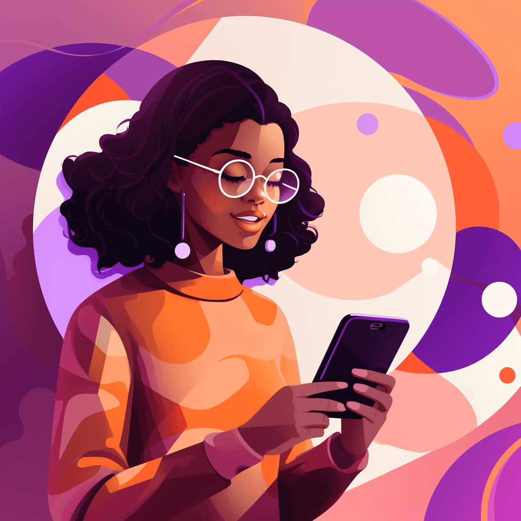 A lady looking down at her phone with satisfaction