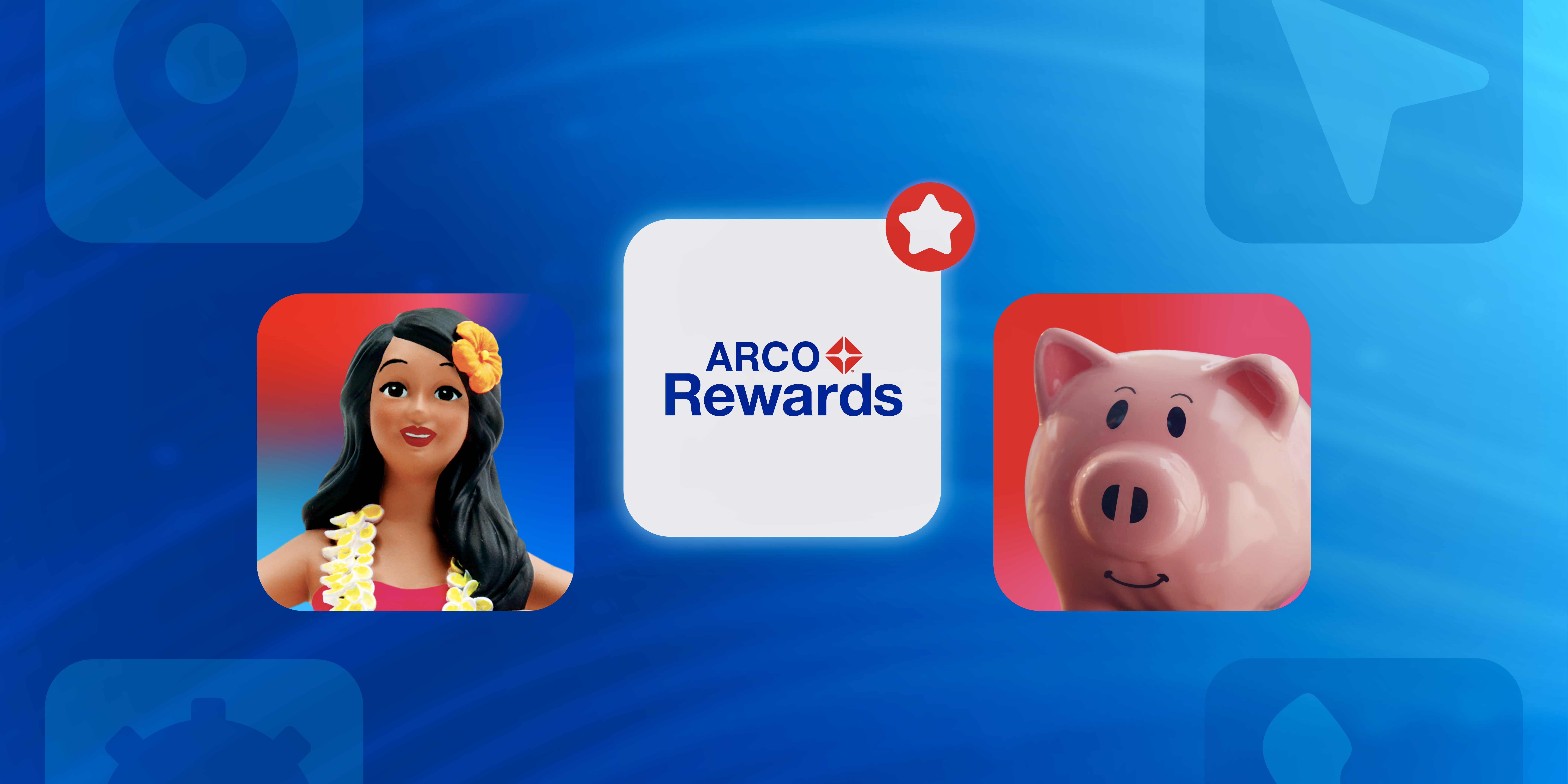 The ARCO Rewards app flanked by Hanna the hula girl and Piggy the piggy bank.