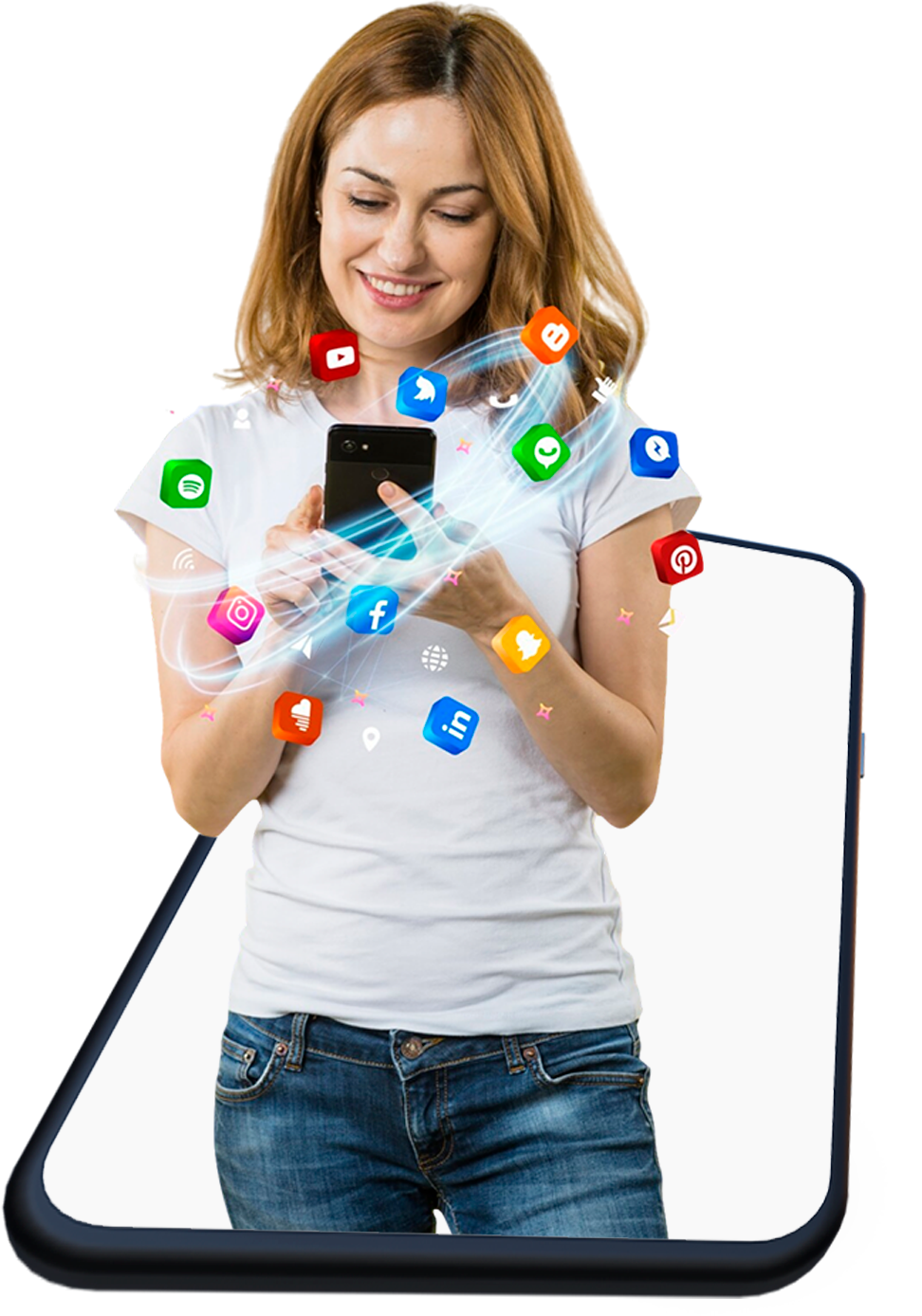 mujer viendo redes sociales de su empresa a través de mariposa digital