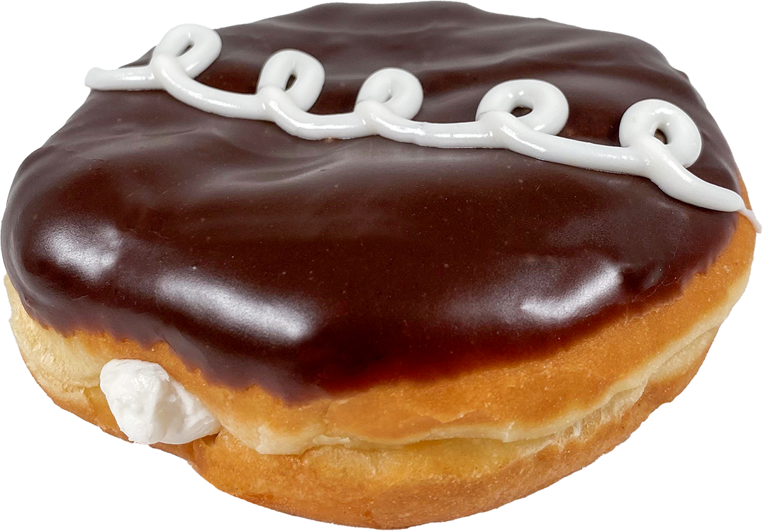 Cutout image of a chocolate rectangle bar doughnut with white drizzle