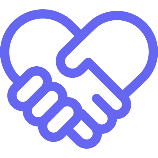 Blue line art of two hands shaking forming a heart shape.