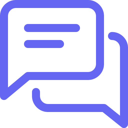 Two overlapping blue chat bubbles, one with three horizontal lines representing text.