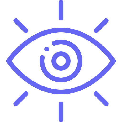 Blue line icon of an eye with light rays symbolizing vision or insight.