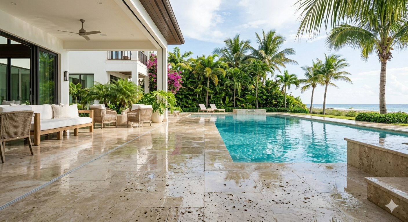 Luxury South Florida pool deck with natural stone exposed to summer weather humidity and UV rays