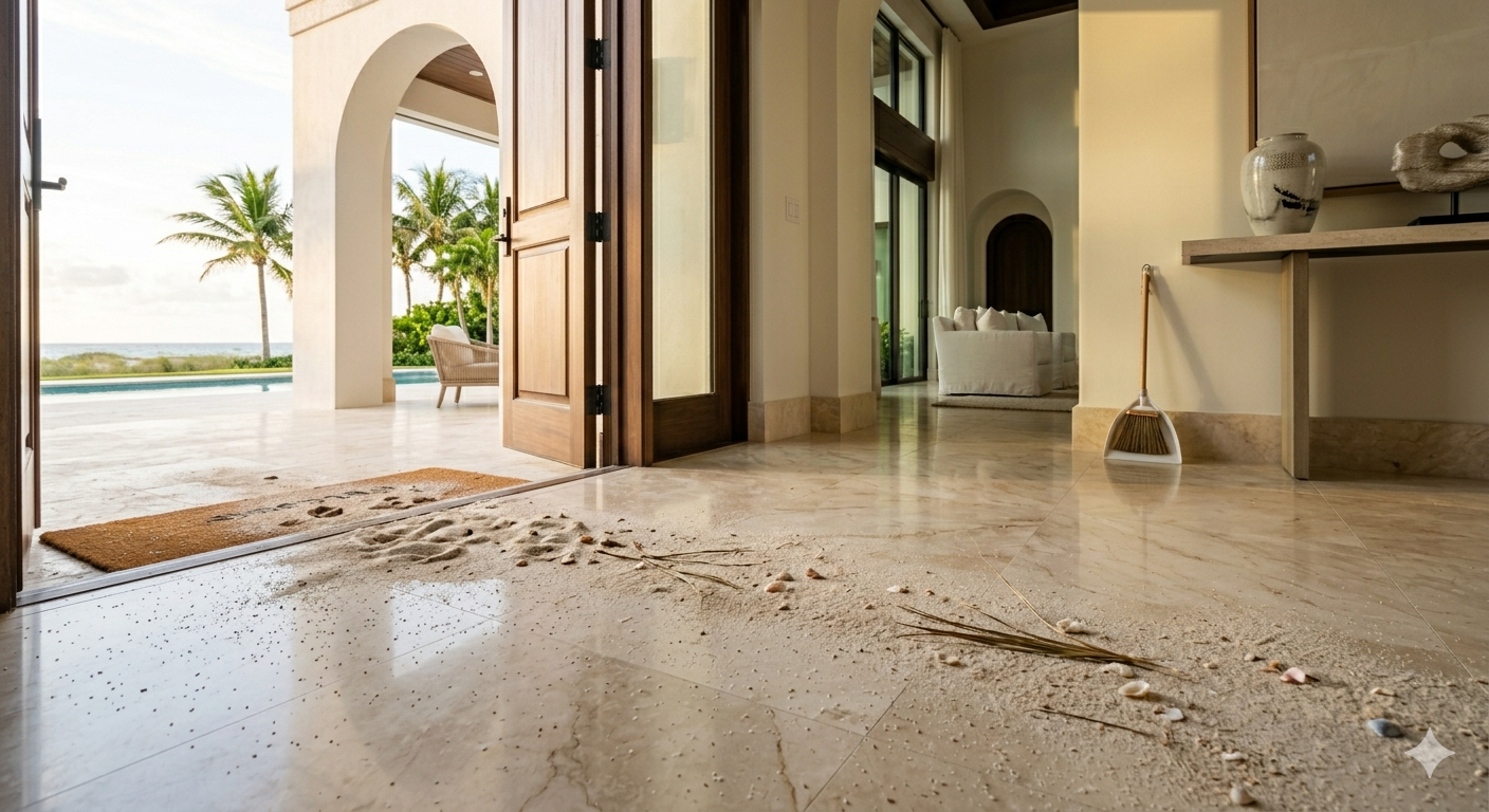 Sand tracked onto polished natural stone flooring inside a luxury South Florida home