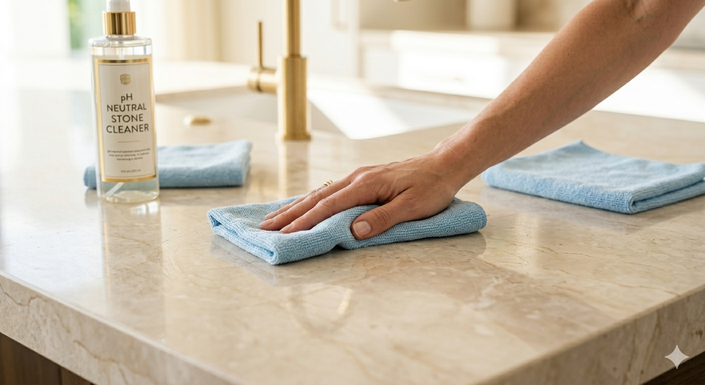 Cleaning a natural stone countertop with a pH neutral stone cleaner and microfiber cloth