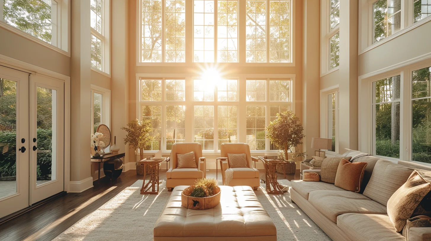 A sunlit living room with large windows, beige furniture, potted plants, and a cozy atmosphere